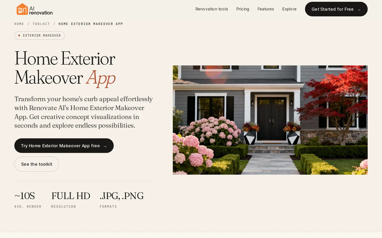 AI Renovation Exterior Makeover home page screenshot