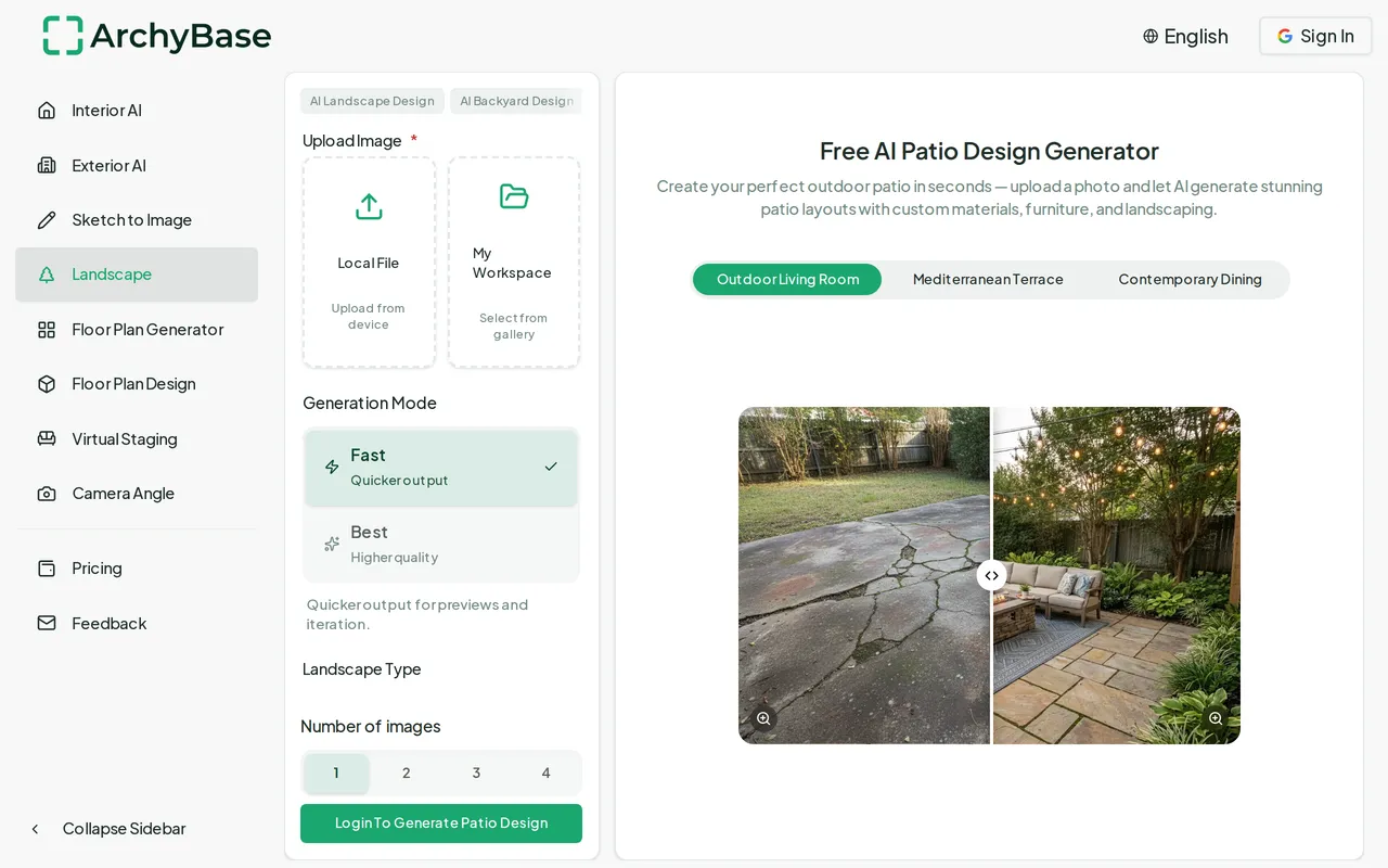 Archybase AI Patio & Driveway Design home page screenshot