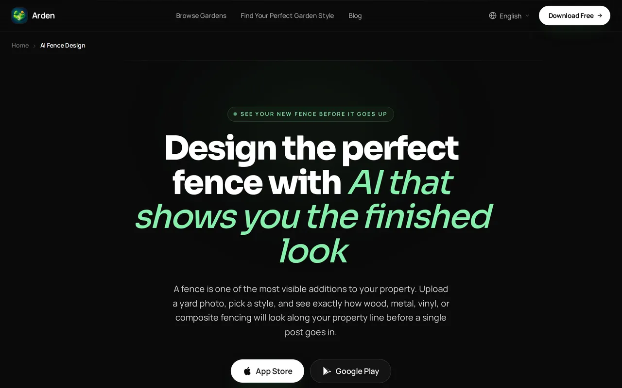 Arden AI Fence Design home page screenshot
