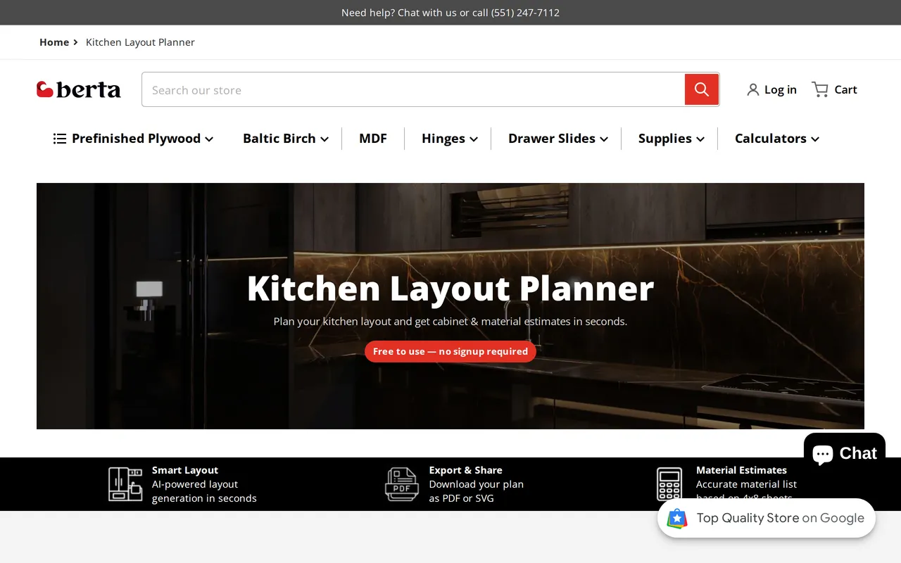 Berta Kitchen Layout Planner home page screenshot