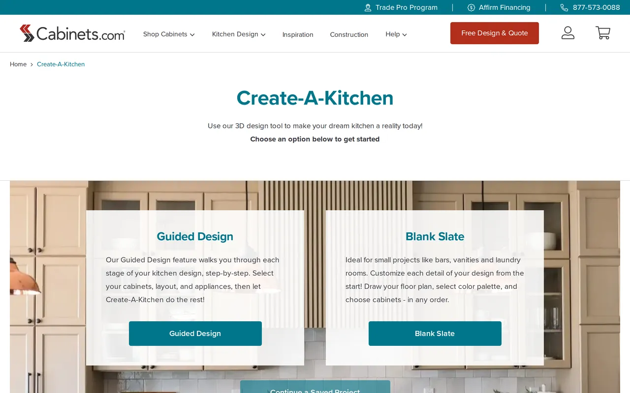 Cabinets.com Create-A-Kitchen home page screenshot