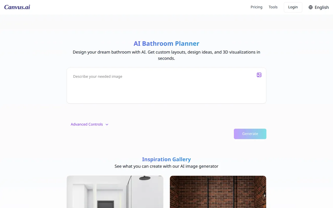 Canvus AI Bathroom Planner home page screenshot