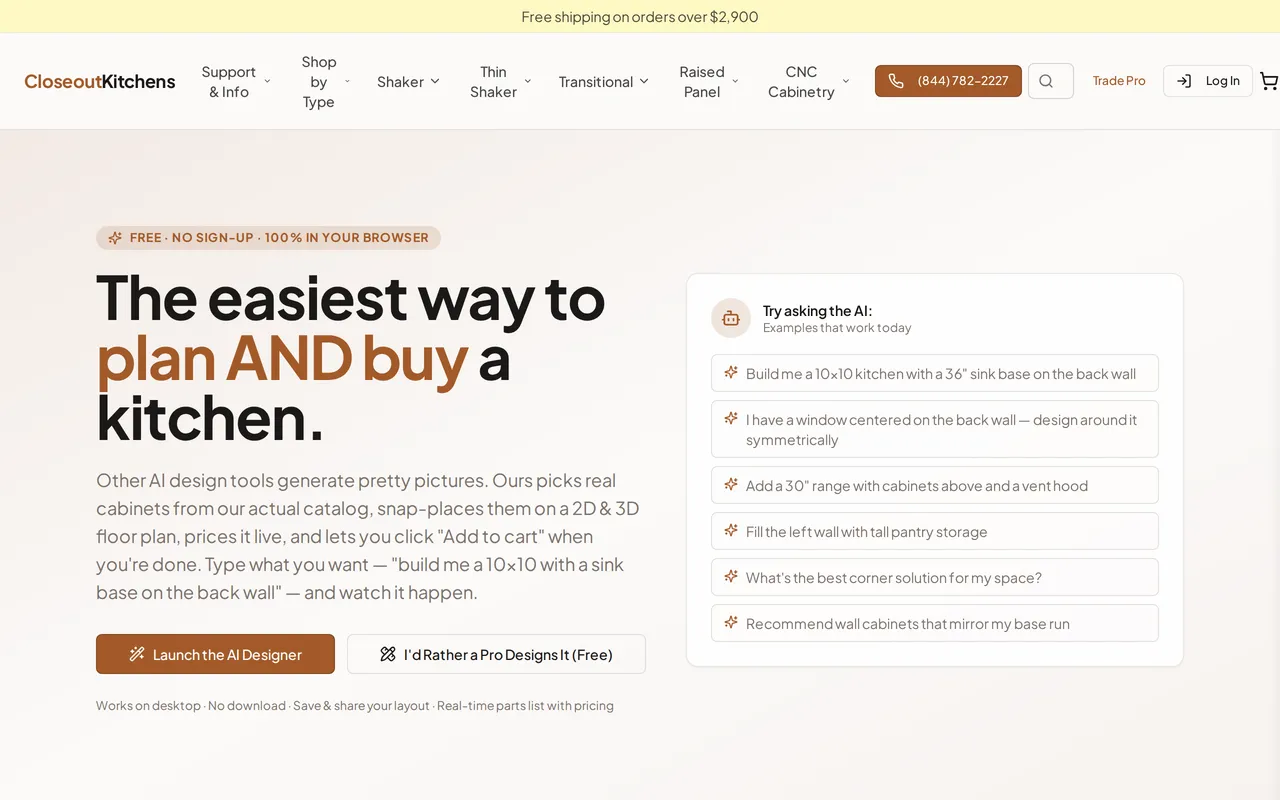 Closeout Kitchens AI Kitchen Designer home page screenshot
