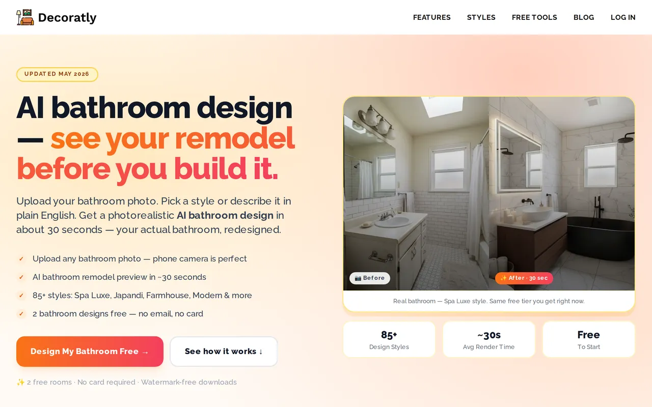 Decoratly AI Bathroom Design home page screenshot