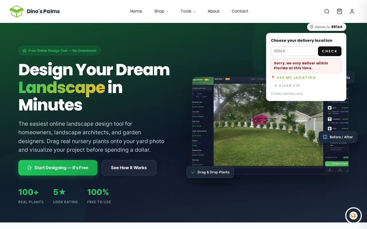 Dino's Palms Landscape Design Tool home page screenshot