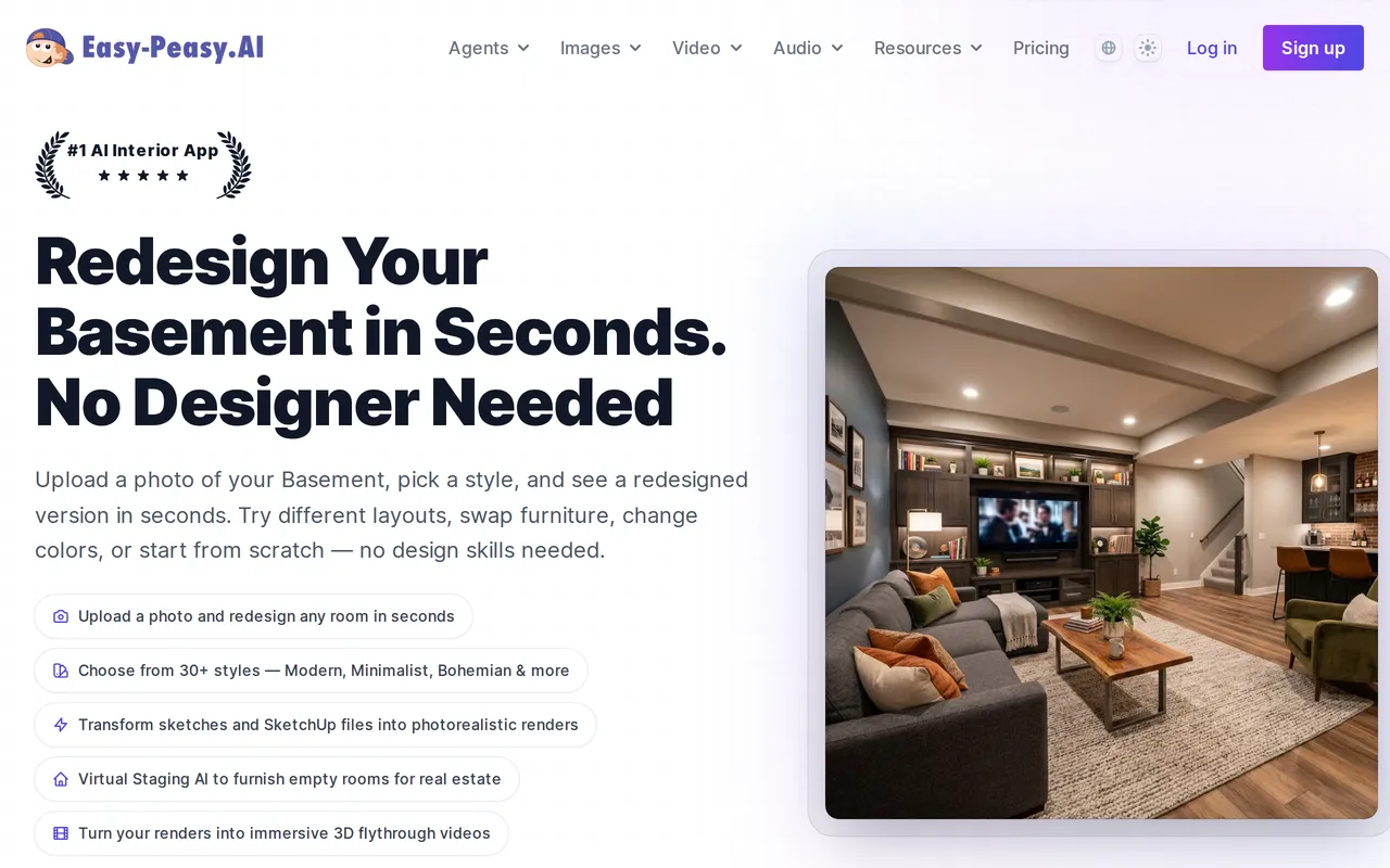 Easy-Peasy.AI Basement Designer home page screenshot