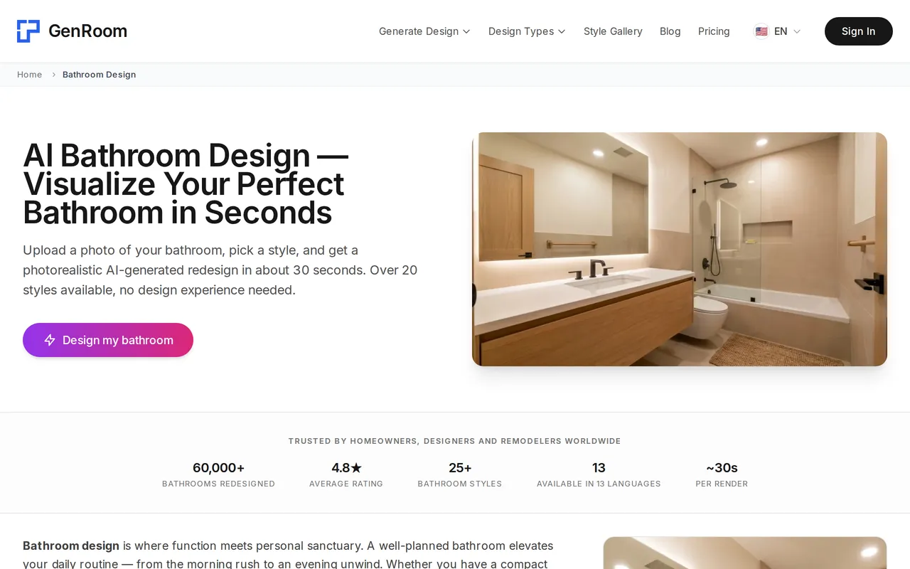 GenRoom AI Bathroom Design home page screenshot