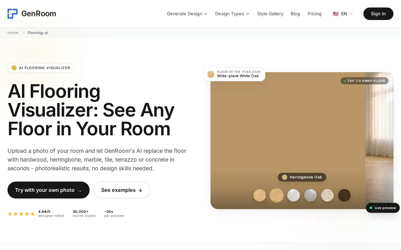 GenRoom AI Flooring Visualizer home page screenshot
