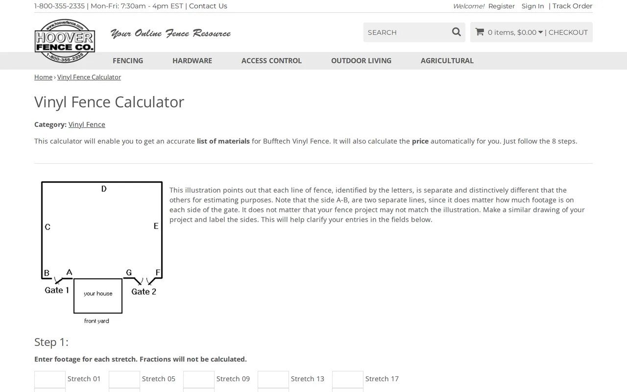 Hoover Fence Vinyl Calculator home page screenshot