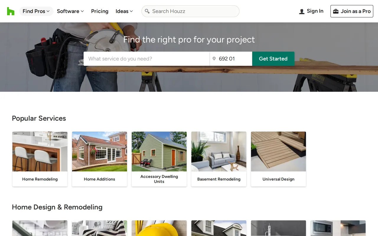 Houzz Home Project Planner home page screenshot
