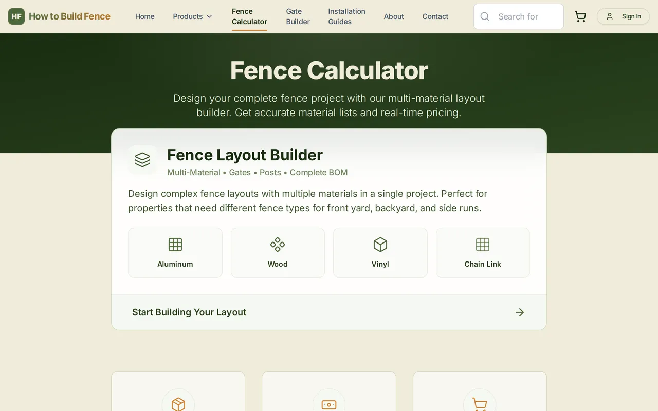 HowToBuildFence Layout Builder home page screenshot