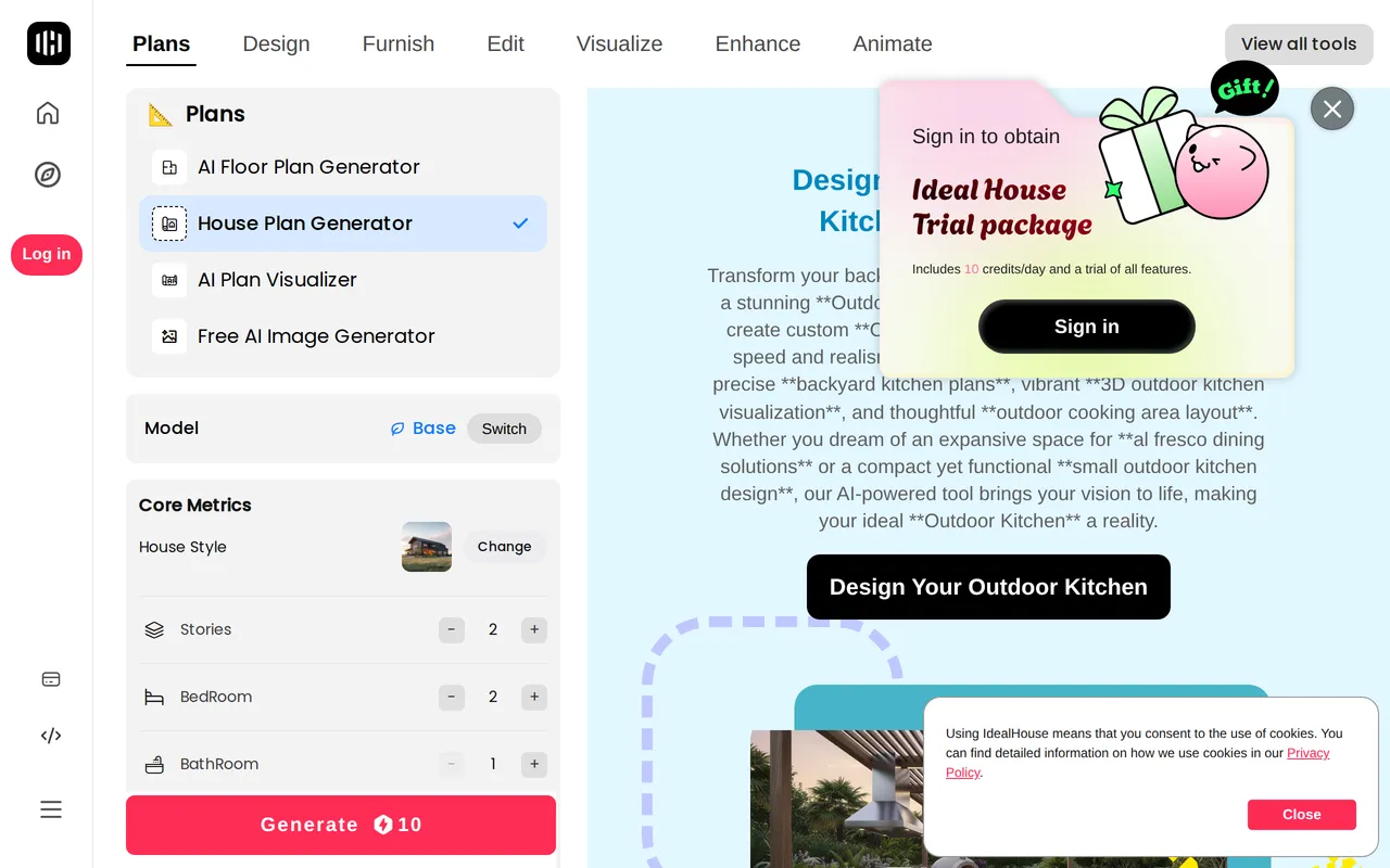 Ideal House AI Outdoor Kitchen home page screenshot