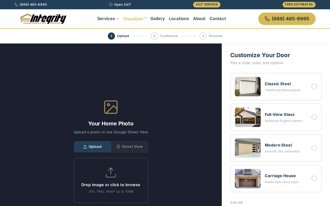 Integrity Garage Door Visualizer home page screenshot