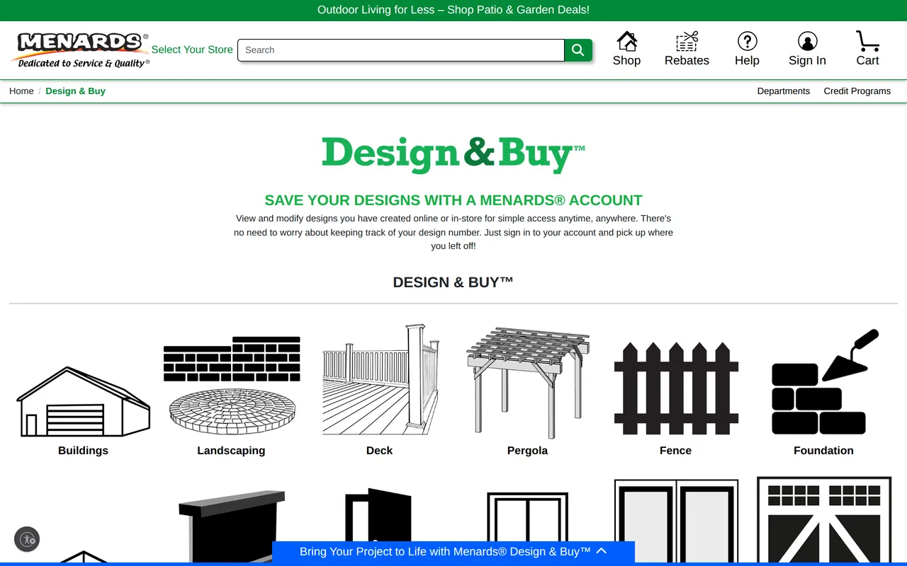 Menards Deck Designer home page screenshot