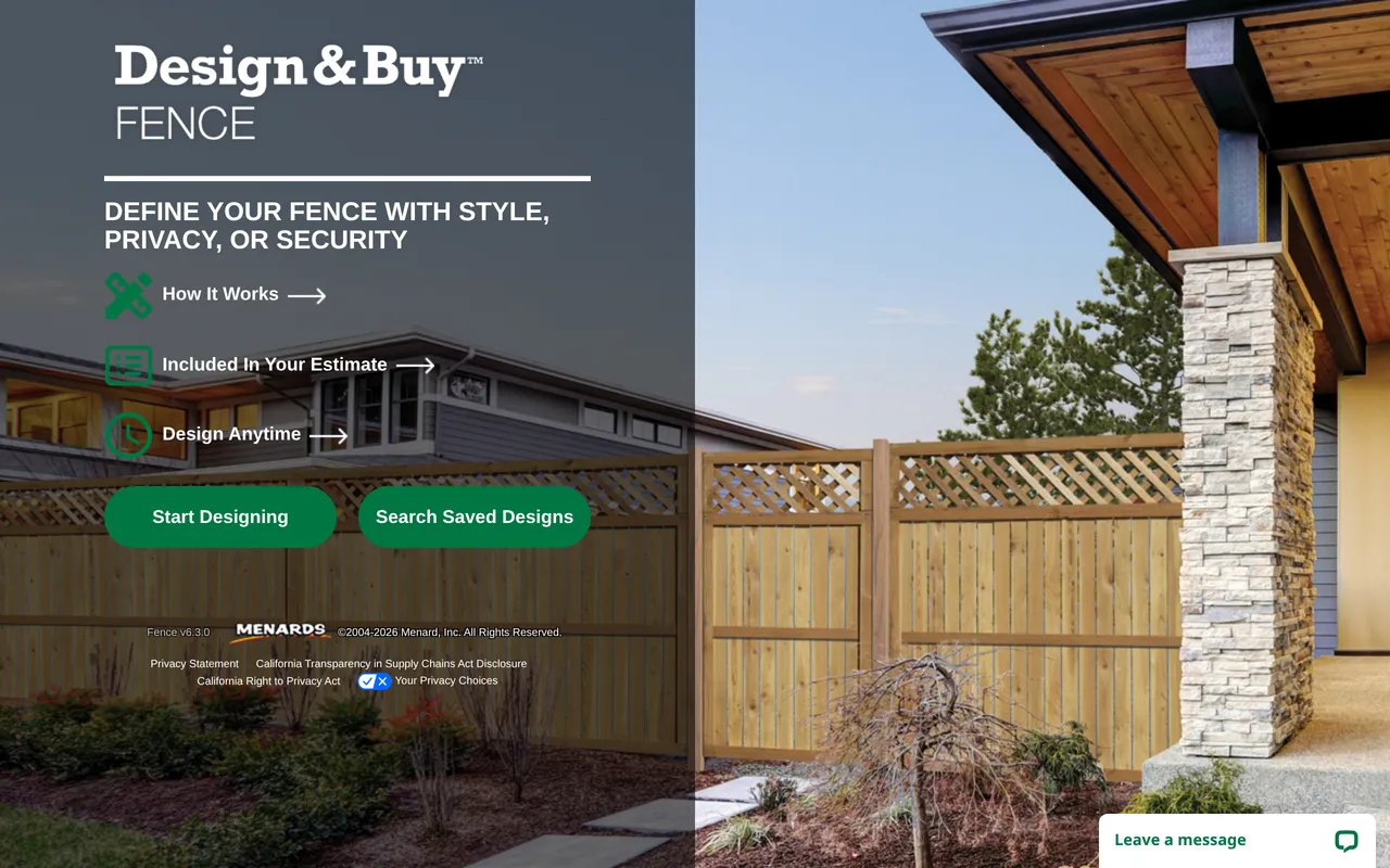 Menards Fence Design & Buy home page screenshot