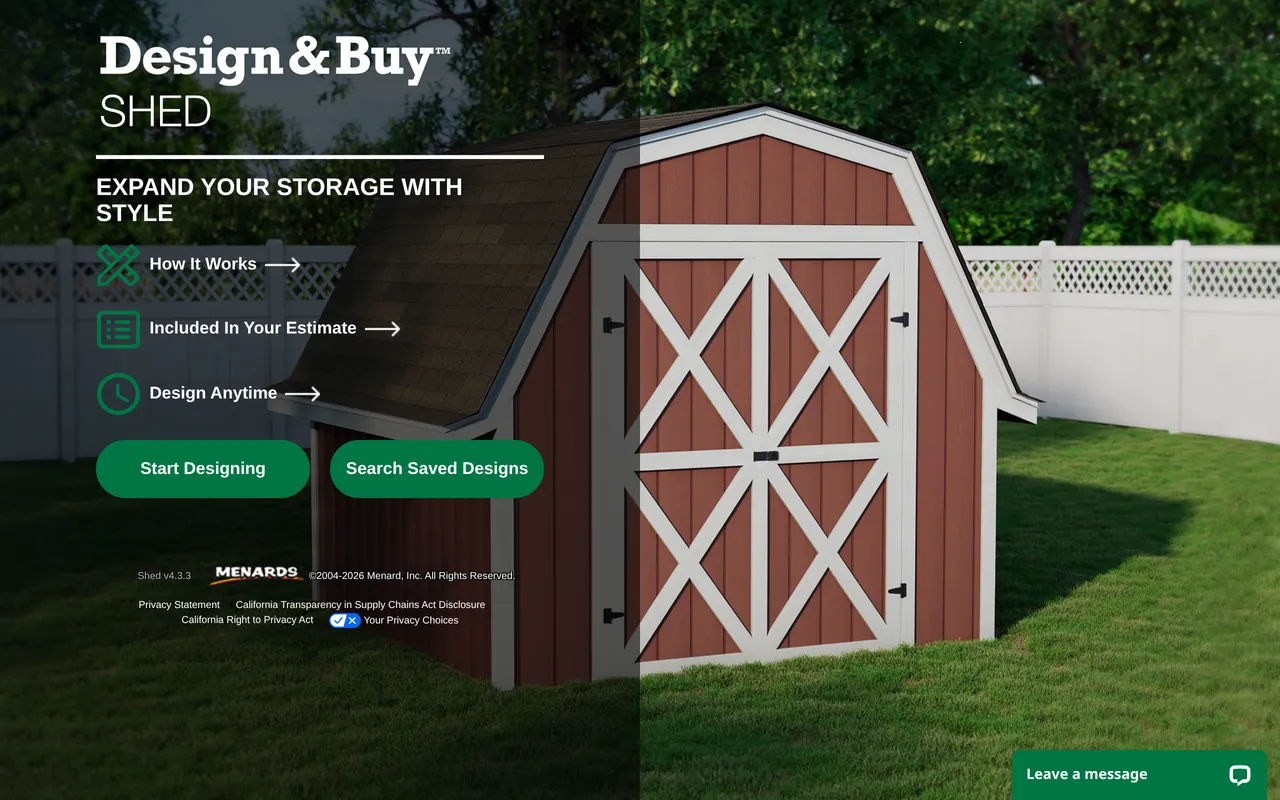 Menards Shed Designer home page screenshot