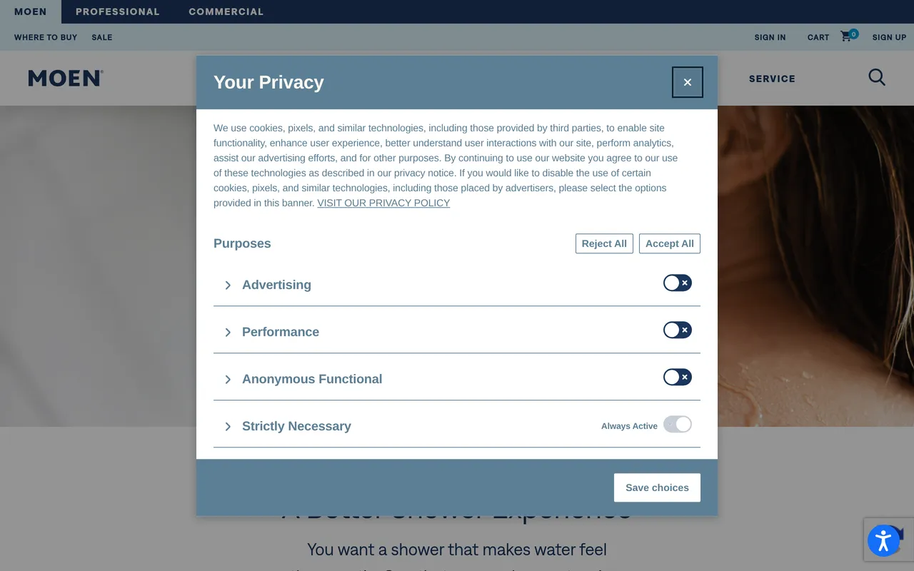 Moen Shower Planner home page screenshot
