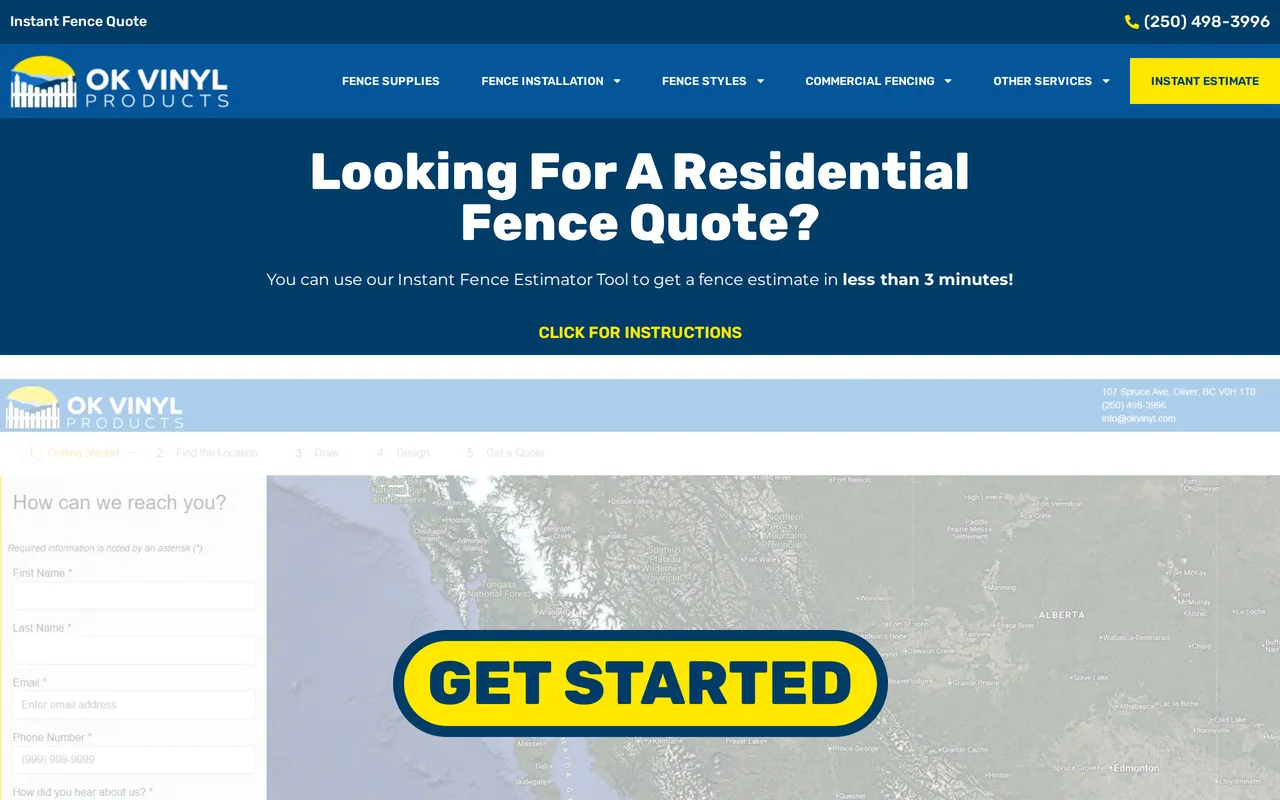 OK Vinyl Instant Fence Estimator home page screenshot