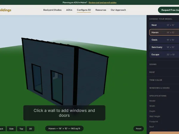 Place Buildings Backyard Studio Configurator screenshot