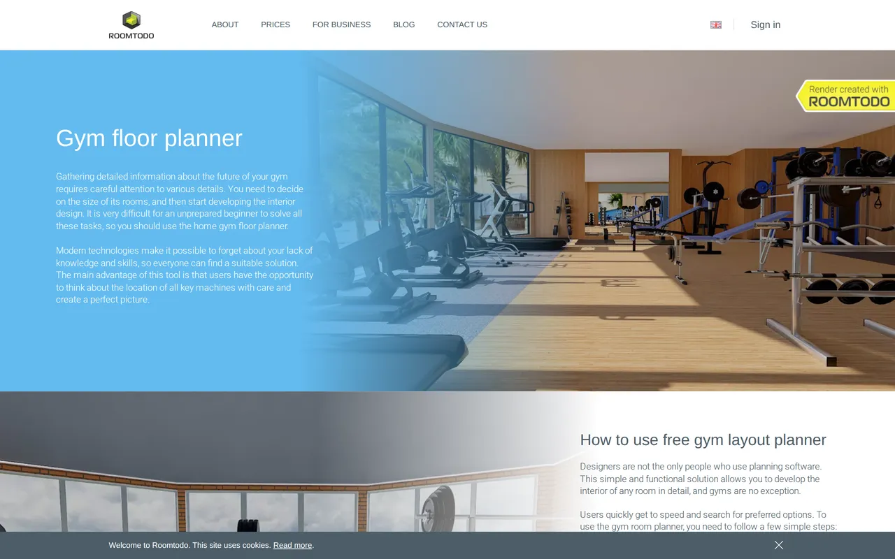 Roomtodo Gym Planner home page screenshot