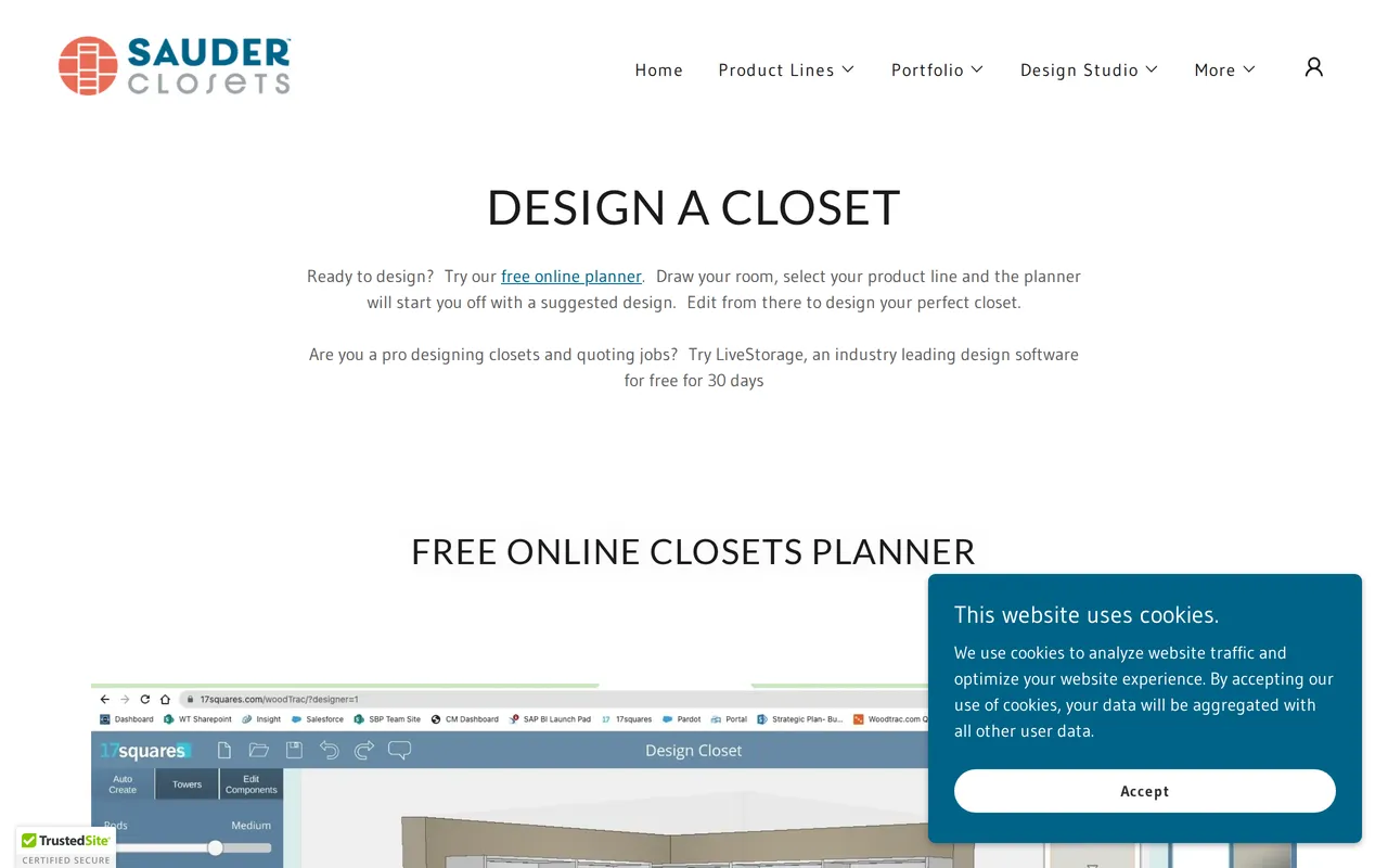 Sauder Closets Online Planner home page screenshot