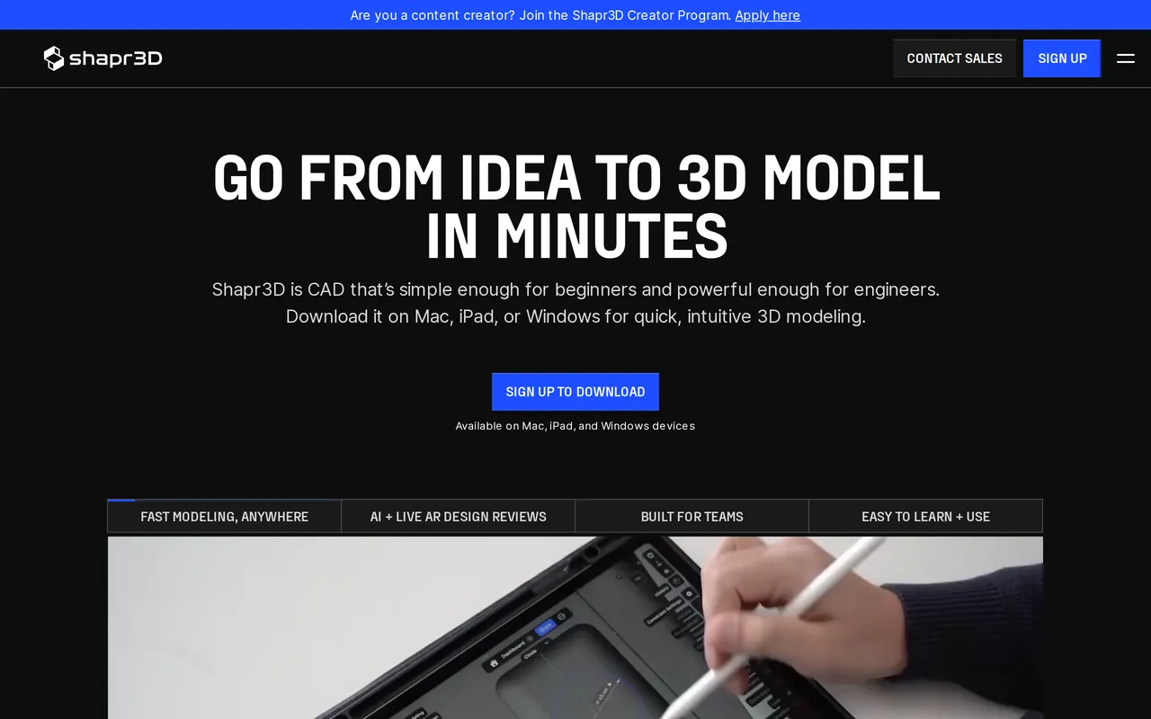 Shapr3D home page screenshot