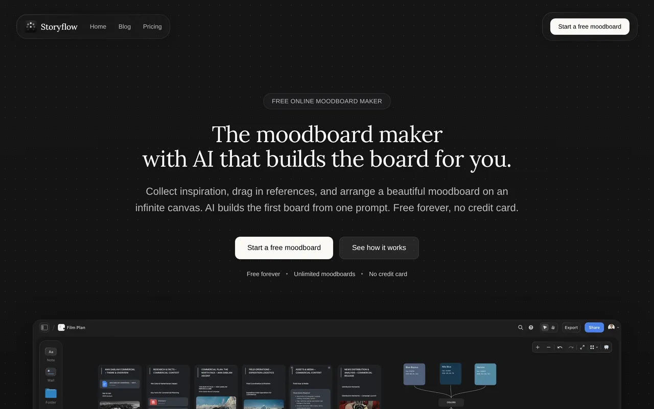 Storyflow Moodboard Maker home page screenshot