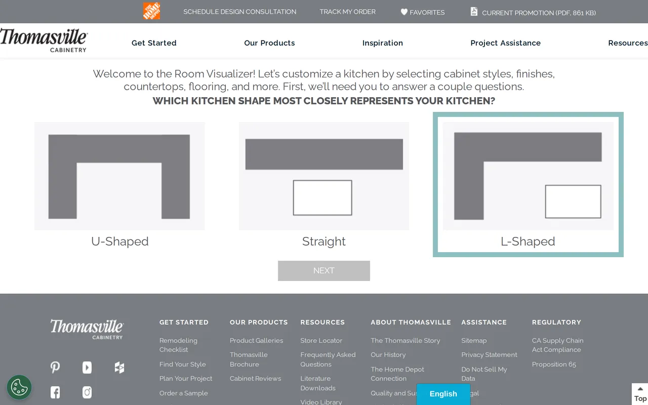 Thomasville Cabinetry Room Visualizer home page screenshot