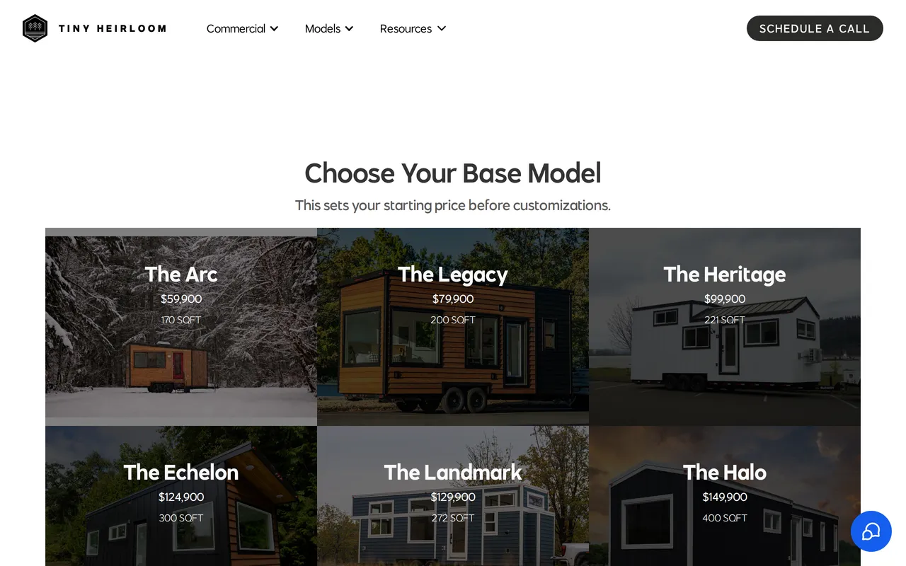 Tiny Heirloom Live Price Builder home page screenshot