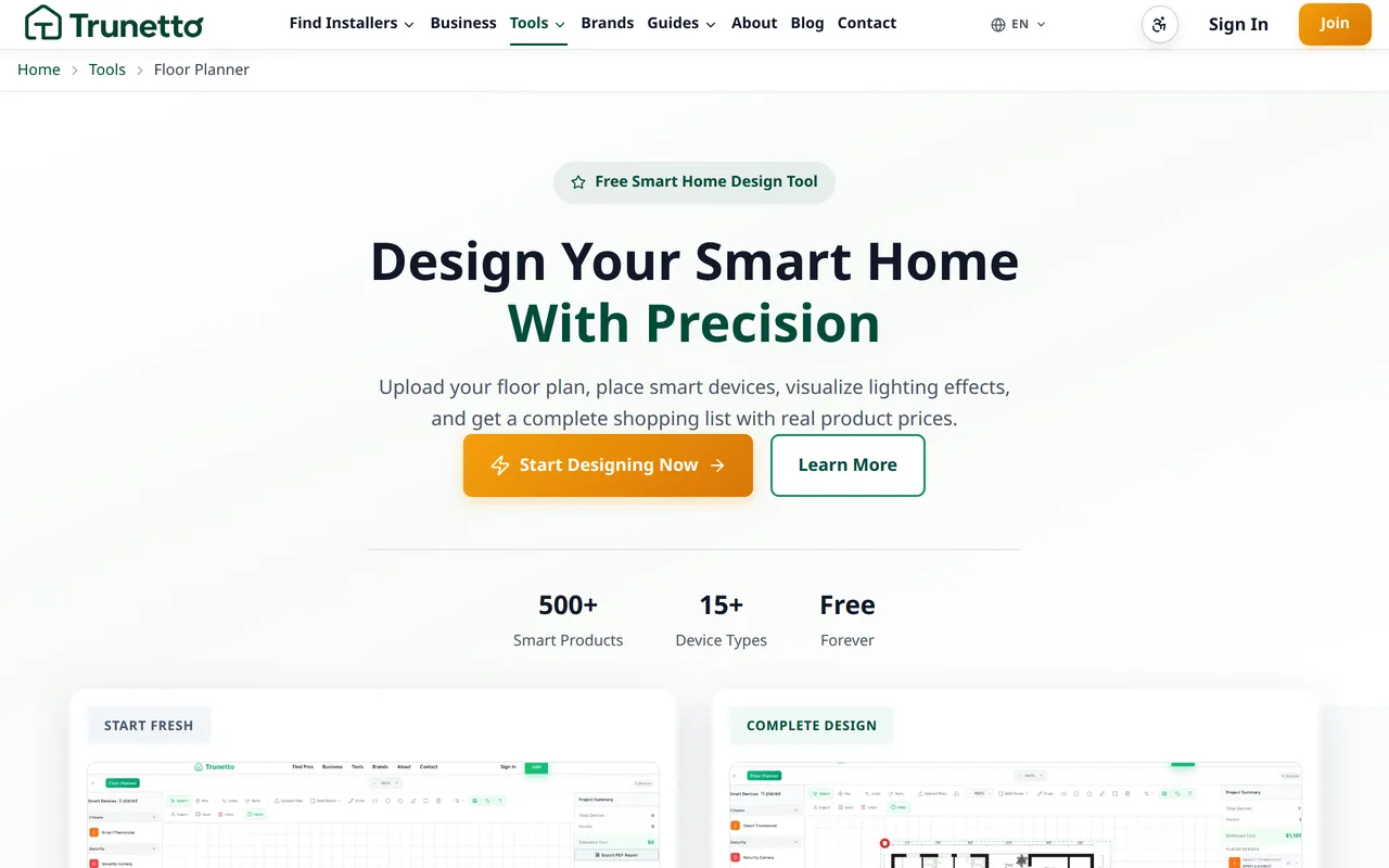 Trunetto Smart Home Floor Planner home page screenshot