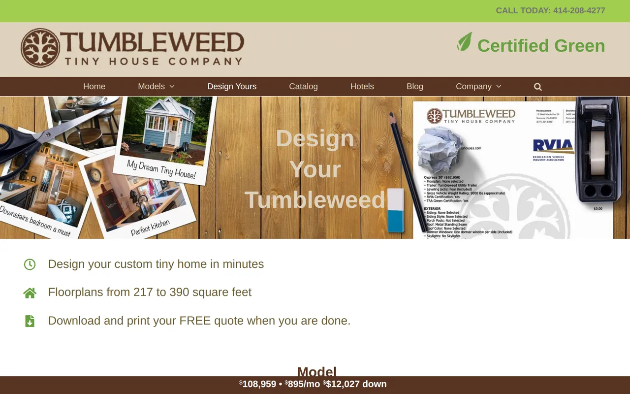 Tumbleweed Tiny House Configurator home page screenshot